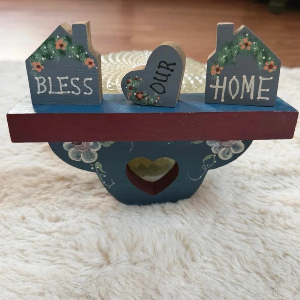 Vintage hand painted Bless Our Home Shelf with Heart Cutout and Wooden Signs